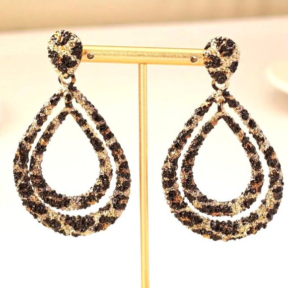 Vintage-Style‎ Gold Tone & Black Crystal Teardrop Dangle Earrings - Picture 2 of 4